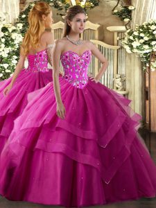 Custom Fit Sweetheart Sleeveless Quinceanera Dresses Floor Length Embroidery and Ruffled Layers Fuchsia Tulle