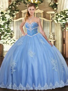 Shining Blue Sweetheart Neckline Beading and Appliques Quinceanera Dresses Sleeveless Lace Up