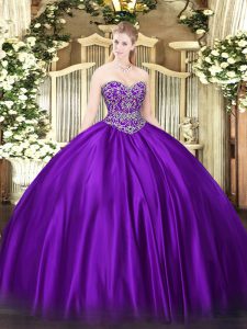 Purple Sweetheart Neckline Beading Ball Gown Prom Dress Sleeveless Lace Up
