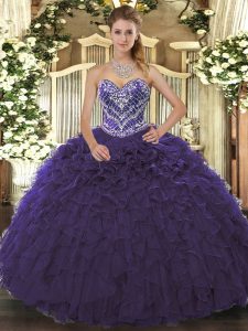 Fitting Purple Sleeveless Tulle Lace Up Quince Ball Gowns for Military Ball and Sweet 16 and Quinceanera