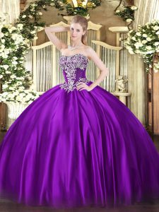Purple Ball Gowns Strapless Sleeveless Satin Floor Length Lace Up Beading Sweet 16 Dress