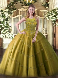 High End Ball Gowns 15th Birthday Dress Olive Green Scoop Tulle Sleeveless Floor Length Zipper