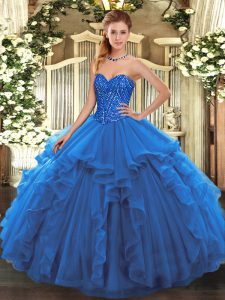 Top Selling Floor Length Lace Up Sweet 16 Quinceanera Dress Blue for Military Ball and Sweet 16 and Quinceanera with Beading and Ruffles