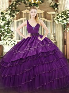 Sophisticated Purple Straps Neckline Embroidery and Ruffled Layers Ball Gown Prom Dress Sleeveless Zipper