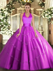 Captivating Tulle Halter Top Sleeveless Lace Up Appliques Sweet 16 Quinceanera Dress in Fuchsia