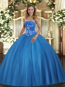 Baby Blue Sleeveless Tulle Lace Up Sweet 16 Dress for Military Ball and Sweet 16 and Quinceanera