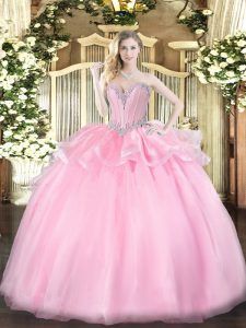 Great Pink Ball Gowns Organza Sweetheart Sleeveless Beading Floor Length Lace Up 15th Birthday Dress
