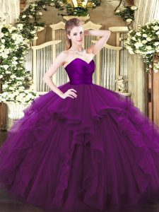 Graceful Purple Tulle Zipper Quinceanera Gowns Sleeveless Floor Length Ruffles