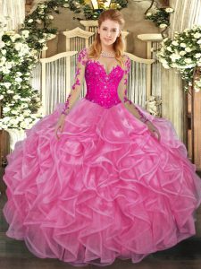 Enchanting Rose Pink Ball Gowns Organza Scoop Long Sleeves Lace and Ruffles Floor Length Lace Up Quinceanera Dress