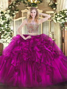 Glamorous Scoop Sleeveless Lace Up Ball Gown Prom Dress Fuchsia Organza