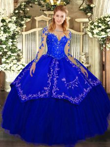 Royal Blue Ball Gowns Lace and Embroidery 15th Birthday Dress Lace Up Organza and Taffeta Long Sleeves Floor Length