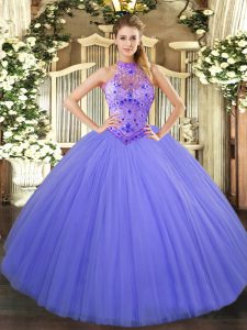 Lavender Halter Top Lace Up Beading and Embroidery Quinceanera Gown Sleeveless