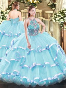 Aqua Blue Ball Gowns Halter Top Sleeveless Tulle Floor Length Lace Up Beading and Ruffled Layers 15 Quinceanera Dress