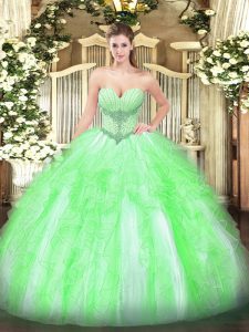 Sleeveless Tulle Floor Length Lace Up Quince Ball Gowns in with Beading and Ruffles