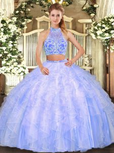 Lavender Criss Cross Halter Top Ruffles Quinceanera Gown Tulle Sleeveless