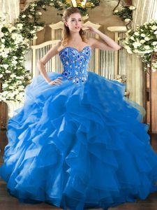 Fantastic Sweetheart Sleeveless Quinceanera Dresses Floor Length Embroidery and Ruffles Blue Organza