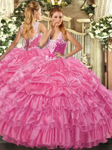 Floor Length Rose Pink Sweet 16 Quinceanera Dress Organza Sleeveless Beading and Ruffled Layers and Pick Ups