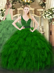 Noble Floor Length Zipper Ball Gown Prom Dress Dark Green for Military Ball and Sweet 16 and Quinceanera with Beading and Ruffles