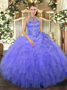 Blue Organza Lace Up Halter Top Sleeveless Floor Length Sweet 16 Dress Beading and Ruffles