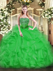 Classical Green Organza Lace Up Strapless Sleeveless Floor Length Sweet 16 Dress Beading and Ruffles