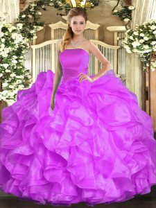 Ideal Lilac Sleeveless Organza Lace Up Sweet 16 Dresses for Military Ball and Sweet 16 and Quinceanera