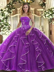 Customized Purple Sleeveless Tulle Lace Up Vestidos de Quinceanera for Military Ball and Sweet 16 and Quinceanera