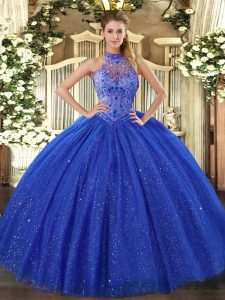 Fitting Royal Blue Halter Top Lace Up Beading and Embroidery Quinceanera Gowns Sleeveless