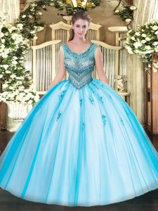 Custom Made Sleeveless Floor Length Beading and Appliques Lace Up Ball Gown Prom Dress with Baby Blue