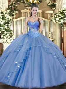 Comfortable Aqua Blue Sleeveless Floor Length Beading and Ruffles Lace Up Sweet 16 Dress