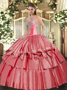 Nice Coral Red Sweetheart Lace Up Beading and Ruffled Layers Quince Ball Gowns Sleeveless