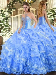 Custom Design Baby Blue Ball Gowns Organza Sweetheart Sleeveless Beading and Ruffled Layers Floor Length Lace Up Quinceanera Gowns