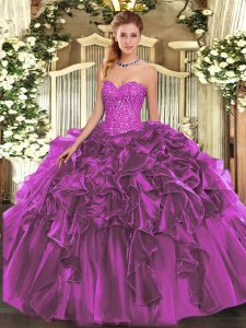 Affordable Purple Sleeveless Beading and Ruffles Floor Length Quinceanera Dress