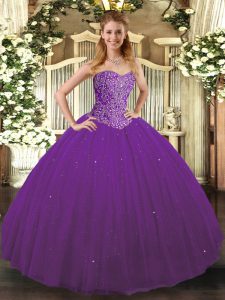 Fashionable Purple Sleeveless Beading Floor Length Sweet 16 Dresses