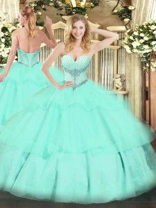 Apple Green Ball Gowns Sweetheart Sleeveless Tulle Floor Length Lace Up Beading and Ruffled Layers Vestidos de Quinceanera