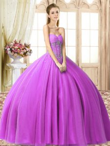 Free and Easy Lilac Tulle Lace Up Sweet 16 Dresses Sleeveless Floor Length Beading