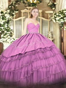 Fuchsia Sleeveless Beading and Lace and Embroidery and Ruffled Layers Floor Length Ball Gown Prom Dress