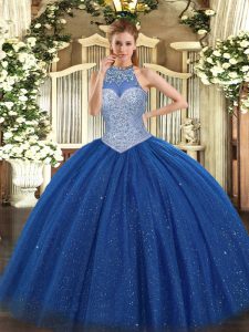 Beautiful Royal Blue Tulle Lace Up Halter Top Sleeveless Floor Length Ball Gown Prom Dress Beading