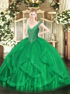 Green Sleeveless Beading and Ruffles Floor Length Vestidos de Quinceanera
