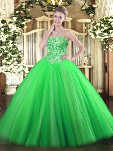 Green Ball Gowns Sweetheart Sleeveless Tulle Floor Length Lace Up Appliques Quinceanera Dresses