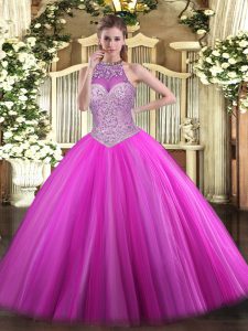 Elegant Fuchsia Tulle Lace Up Quinceanera Dress Sleeveless Floor Length Beading
