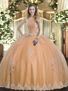 Peach Ball Gowns Tulle High-neck Sleeveless Beading and Appliques Floor Length Lace Up Quinceanera Gowns