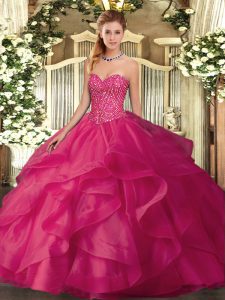 Decent Hot Pink Sweetheart Lace Up Beading and Ruffles Quinceanera Dresses Sleeveless