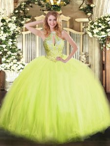 Sleeveless Floor Length Beading Lace Up Quinceanera Dress with Yellow Green
