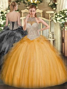 Hot Sale Floor Length Lace Up Sweet 16 Quinceanera Dress Orange for Military Ball and Sweet 16 and Quinceanera with Beading and Ruffles