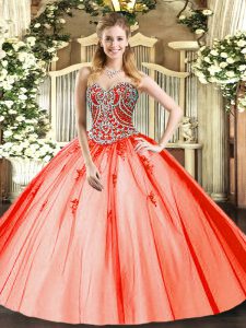 Top Selling Orange Red Ball Gowns Sweetheart Sleeveless Tulle Floor Length Lace Up Beading and Appliques Quinceanera Gown