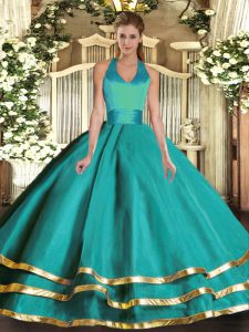 Modest Turquoise Ball Gowns Halter Top Sleeveless Tulle Floor Length Lace Up Ruffled Layers Sweet 16 Quinceanera Dress