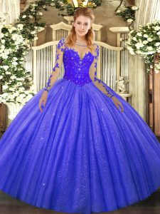 Flare Ball Gowns Vestidos de Quinceanera Blue Scoop Tulle Long Sleeves Floor Length Lace Up