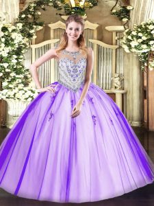 Glamorous Lavender Sweet 16 Quinceanera Dress Military Ball and Sweet 16 and Quinceanera with Beading and Appliques Scoop Sleeveless Zipper