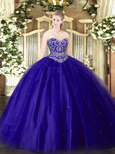 Blue Sweetheart Neckline Beading Quince Ball Gowns Sleeveless Lace Up