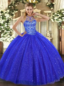 Dramatic Royal Blue Halter Top Lace Up Beading and Embroidery 15th Birthday Dress Sleeveless